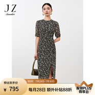 玖姿·安娜蔻輕熟設(shè)計(jì)感側(cè)開叉印花抽繩茶歇裙連衣裙女2024夏款 花黑 2XL