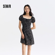 森馬（Semir）連衣裙女泡泡袖碎花雪紡裙森系2024新款夏季方領(lǐng)收腰短裙俏皮 黑色調00399-短款 S