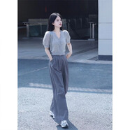 妍莉芬（yanlifen）休閑褲女裝減齡顯瘦2025新款夏季韓版休閑套裝衣服兩件裝網(wǎng)紅褲子 闊腿褲【單件】 L