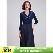 MORELINE沐蘭法式優(yōu)雅翻V領(lǐng)連衣裙2025年春新款蕾絲拼接修身高腰裙中長(cháng)款 藏藍 M