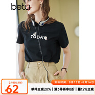 betu百圖女裝春裝新款寬松韓版卡通印花短袖T恤ins潮JD2102T08 黑色 XS