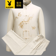 花花公子唐裝中山裝男士春夏季中國風(fēng)短袖套裝道袍漢服晨練服民族風(fēng)古裝 大龍長(cháng)袖卡其色套裝 XL
