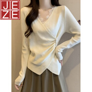 JEZE大碼女裝復古設計感V領(lǐng)蕾絲拼接針織衫女胖MM顯瘦不規則打底毛衣 杏色 M [建議80-100斤]