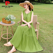 皮爾卡丹夏新款棉綢度假長(cháng)裙子碎花長(cháng)款大碼連衣裙無(wú)袖氣質(zhì)顯瘦吊帶沙灘裙 果綠色 L 乂 建議100-115斤