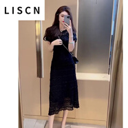 LISCN連衣裙女夏季小香風(fēng)設(shè)計(jì)感小眾氣質(zhì)顯瘦法式蕾絲裙子收臀中長新款 黑色長款 S