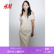 H&M女裝花卉連衣裙秋季花朵泡泡一字肩短袖植物印花長裙1230970 奶油色/碎花 XS 155/80