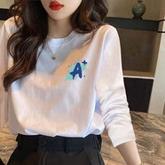 菲妮茉淑重磅純棉打底衫長袖t恤女2024秋季美式長袖百搭內(nèi)搭白色 長袖胸花A M （70-100斤）