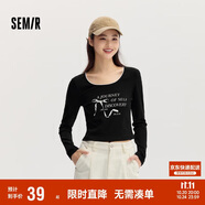 森馬長(zhǎng)袖T恤女短款蝴蝶結(jié)字母春秋溫柔蕾絲緊身上衣107624101001
