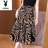 花花公子（PLAYBOY）碎花半身裙女士春夏季新款洋氣百搭a字修身中長(zhǎng)裙大擺裙高腰裙子 咖色豹紋 L 100-110