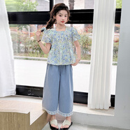 迪士尼（Disney）女童夏套裝2025新款大兒童衣服女孩兩件套夏季薄款碎花短袖八分褲 藍色上衣+牛仔褲 160 （建議身高145-155CM）