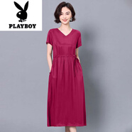 花花公子（PLAYBOY）v領(lǐng)重磅真銅氨絲夏季媽媽裝收腰連衣裙過(guò)膝七分袖短袖大擺長(zhǎng)裙 酒紅色-短袖 M