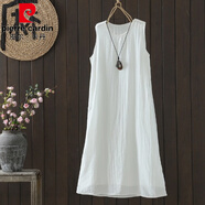 皮爾卡丹寬松文藝色無(wú)袖吊帶連衣裙女夏2025新款休閑外穿打底棉麻背心裙 白色 2XL 建議135-155斤
