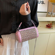 酷奇袋鼠女包亮鉆七夕鉚釘圓桶2025時(shí)尚小包外出高顏值單肩鏈條手提斜挎包 粉色