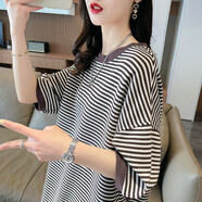 森馬（Semir）設計感條紋短袖t恤女夏2025新款韓版寬松大碼女裝中長(cháng)款半袖上衣 棕色 M (建議80-110斤)