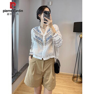 皮爾卡丹（PIERRE CARDIN）條紋V領(lǐng)長(zhǎng)袖襯衫女早春季2025新款短款減齡薄開(kāi)衫襯衣歐洲站 白色襯衫 M