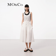 MO&Co.連衣裙夏機能風(fēng)金屬拉鏈開(kāi)襟U領(lǐng)高腰抽繩寬松量感A字裙摩安珂 本白色 XS 155