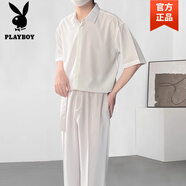 花花公子（PLAYBOY）品牌免燙夏季寬松雪紡男中短袖襯衫垂墜滑感輕熟韓風(fēng)氣質(zhì)冰絲薄款 旗艦官方精品】白色 S 95斤-110斤