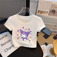 G.duck純棉女童kitty貓白色短袖T恤女短款夏季漏肚臍高腰內搭童裝上衣潮 短款白t-紫庫洛米 圓領(lǐng)百搭 160 建議145-155cm