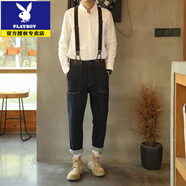 花花公子（PLAYBOY）男士背帶褲吊帶牛仔褲子直筒潮牌工裝美式復古休閑英倫風(fēng)雅痞男裝 藍色 28