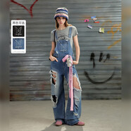 UNIFREE新款背帶褲女辣妹風(fēng)寬松破洞直筒復古休閑時(shí)尚牛仔褲 藍色  M 