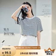 茵曼（INMAN）條紋圓領(lǐng)T恤女夏季新款套頭休閑寬松顯瘦純棉短袖上衣 藍(lán)白條 S