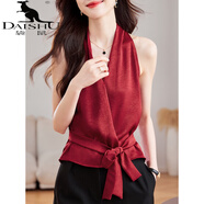 袋鼠（DAISHU）法式氣質(zhì)V領(lǐng)掛脖桑蠶絲吊帶背心女夏季收腰綁帶小衫外穿無(wú)袖上衣 酒紅色 L