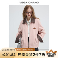 VEGA CHANG毛呢短外套女2025年秋冬新款粉色減齡撞色格子翻領上衣 貝殼粉 S