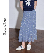 香蕉寶貝（BANANA BABY）新品-BANANA BABY2025年秋季新款日系碎花雪紡半身裙女荷葉邊長(cháng)裙 藍花 S