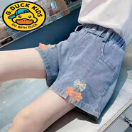 G.DUCKKIDS女童牛仔短褲2024夏季新款兒童高腰彈力中大童寶寶洋氣寬松熱褲薄 花朵蝴蝶結-短褲【高彈力】 140