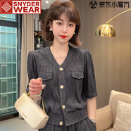 SNYDER WEAR小香風(fēng)夏季女裝百褶減齡套裝短袖上衣裙褲短褲大碼顯瘦遮肉微胖 上衣深灰色 S 建議80-105斤