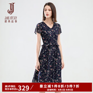 經(jīng)典故事（JANE STORY）2025年夏季新款V領(lǐng)雪紡連衣裙女氣質(zhì)法式茶歇裙復(fù)古荷葉邊碎花裙 M73深藍(lán)色花 M