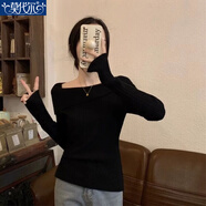 莫代爾一字肩針織衫女2025春秋季新款打底內(nèi)搭設(shè)計感小眾高級感百搭上衣 黑色 S 【建議80-90斤】