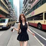 爾山集黑色性感假兩件蕾絲連衣裙女2025夏季純欲掛脖裙子小個(gè)子高腰顯瘦 黑色性感掛脖連衣裙 M （95-105斤 送短褲）