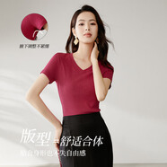 晚白【斷碼清倉】正肩V領(lǐng)短袖含棉t恤女奶油黃多巴胺穿搭上衣 玫紅色 S