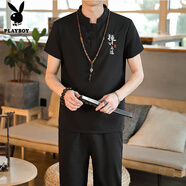 花花公子（PLAYBOY）夏季新款棉麻男套裝亞麻短袖t恤休閑半袖唐裝漢服體恤中國風(fēng)服飾V 1302黑色【短袖+長褲】 M (90~105斤)