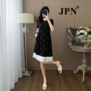 JPN香港潮牌純棉大碼短袖連衣裙女夏新款顯瘦重工設(shè)計(jì)釘珠拼接蕾絲裙 黑色 S