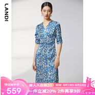 藍地（LANDI）商場同款夏季新款腰部抽褶碎花印花短袖連衣裙女 淺藍色 M