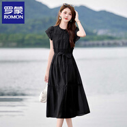 羅蒙（ROMON）漂亮獨特天絲連衣裙女夏季新款高端品牌名媛甜美木耳邊長(cháng)裙 黑色 L