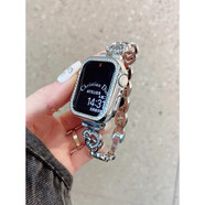 酷件愛心鑲鉆金屬鏈條iwatch表帶適用S10蘋果手表applewatch987se時(shí)尚 銀色愛心鏈條+水鉆表殼 4-6代SE40mm+高清水凝膜