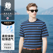 王者勝者 KING WINNER保羅男裝上衣夏季橫條紋T恤男圓領(lǐng)短袖商務(wù)休閑拼色寬松大碼體恤t 牛仔藍 M 48/170適合100-125斤