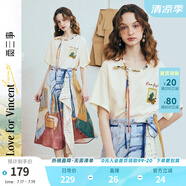 兩三事梵高文藝 弦外智音 2025夏季新款彩繩綁帶領(lǐng)印花短袖t恤女 米杏色 L