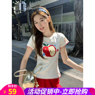 歐貝汐正肩圓領(lǐng)刺繡短袖T恤女2025夏季新款修身甜辣妹收腰短款上衣 白色 S