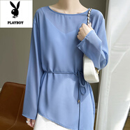 花花公子喬其紗不規則防曬衣女寬松外套上衣設計感夏季溫柔風(fēng)微透長(cháng)袖T恤 藍色 M