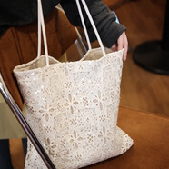 瑜尚臻品法式亮片蕾絲包托特單肩包白色大容量鏤空設計通勤手提腋下包 白色亮片蕾絲包