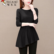 啄木鳥(niǎo)中長(cháng)款裙擺長(cháng)袖t恤女裝春秋2025新款時(shí)尚媽媽洋氣小衫遮肚子上衣 黑色 5XL (175-200斤)