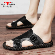 公牛世家涼鞋男2025夏季新款透氣防滑耐磨沙灘鞋男士舒適外穿休閑皮涼拖鞋 黑色 38 皮鞋碼