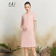 木真了（MOZEN）木真瞭改良毛呢時(shí)尚女裙新品中式花卉刺繡A擺短款羊羔毛連衣裙907 19 M