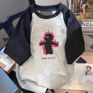 鮮冠100%純棉潮高街ins小火人短袖女t恤男情侶夏季小眾寬松插肩上衣女 插肩-黑灰 S