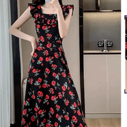 GOCHIEI2025夏季新款法式收腰小飛袖長(cháng)款V領(lǐng)衣裙前后兩穿碎花連衣裙女 玫瑰花 M 建議100-110斤