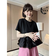 SXA香港潮牌寬松短袖T恤女裝拼接荷葉邊正肩T恤衫女新款夏洋氣減齡 黑色 M 85-120